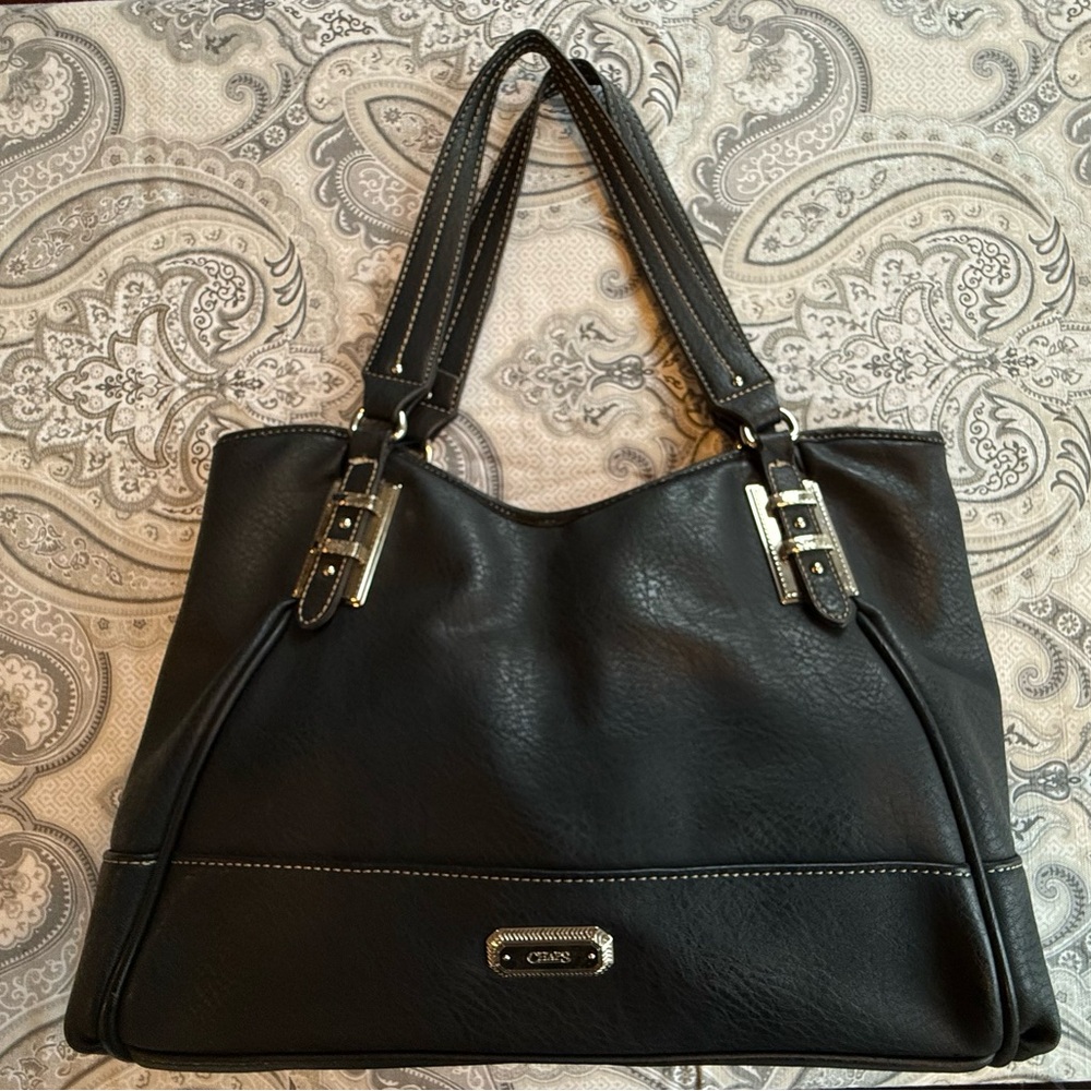 Chaps Black Leather Tote Bag